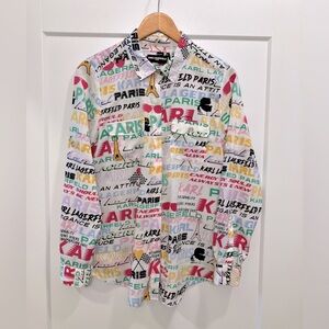 Karl Lagerfeld Paris Multicolor Graphic Blouse - Size M | Button Long Sleeve 🤍